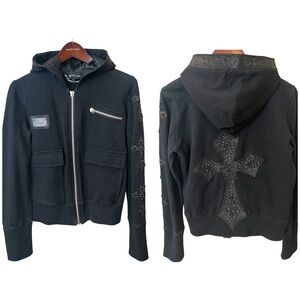 Philipp Plein black full zip hoodie, leather applique, vintage size L